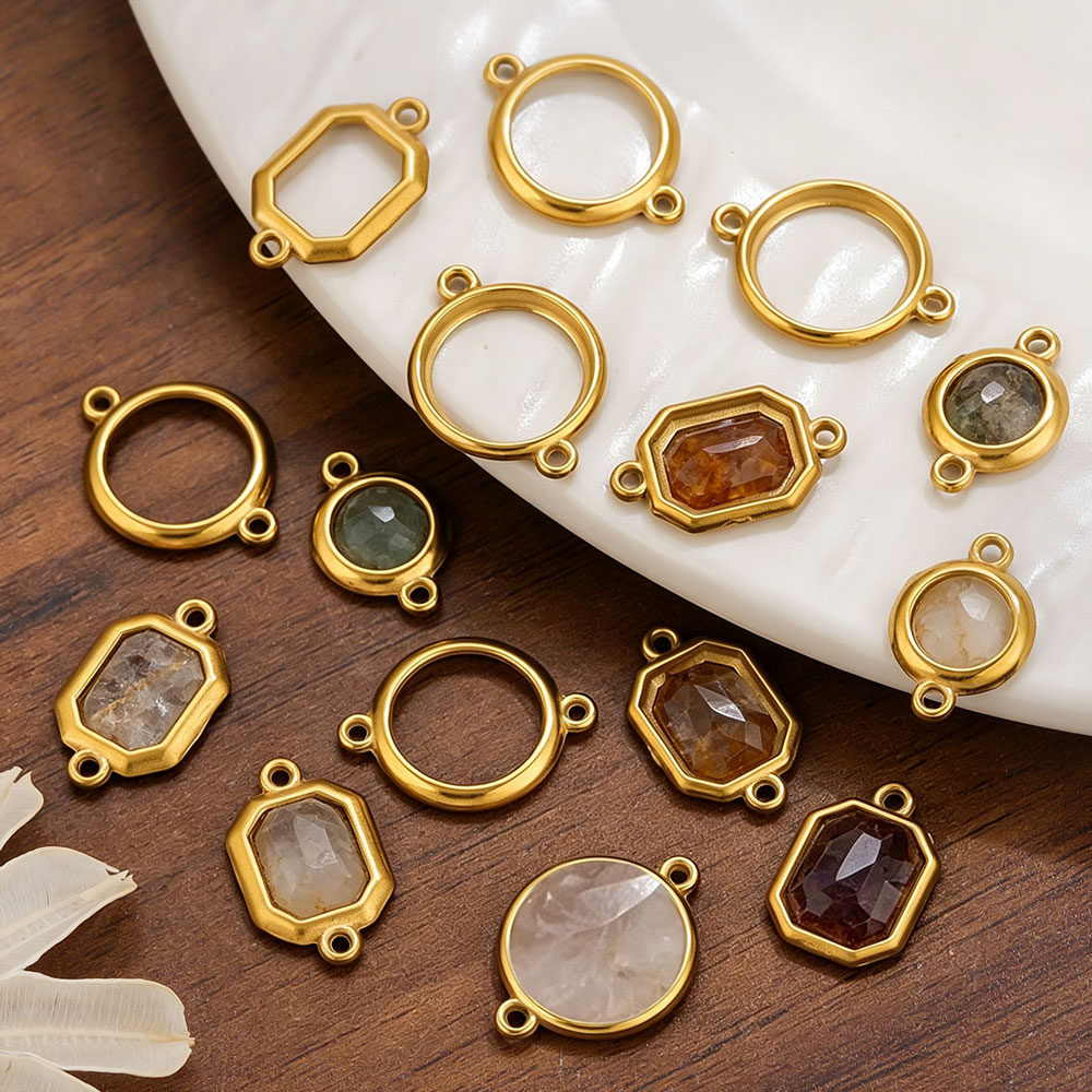 Bezels Set Pendant - จี้วงกลมสองรูสแตนเลสแบบกลวง 10 ชิ้น สำหรับทำสร้อยข้อมือ DIY ถาดคาโบชอง